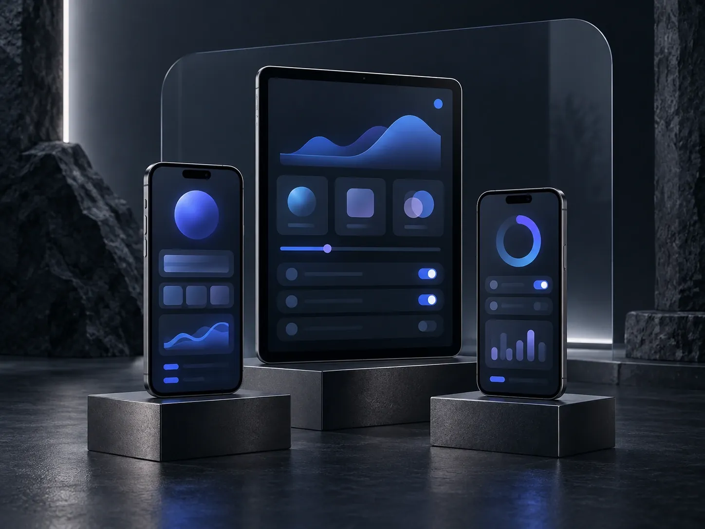 Illustration premium du développement d’applications : écrans mobiles et tablette sous une lumière bleue.