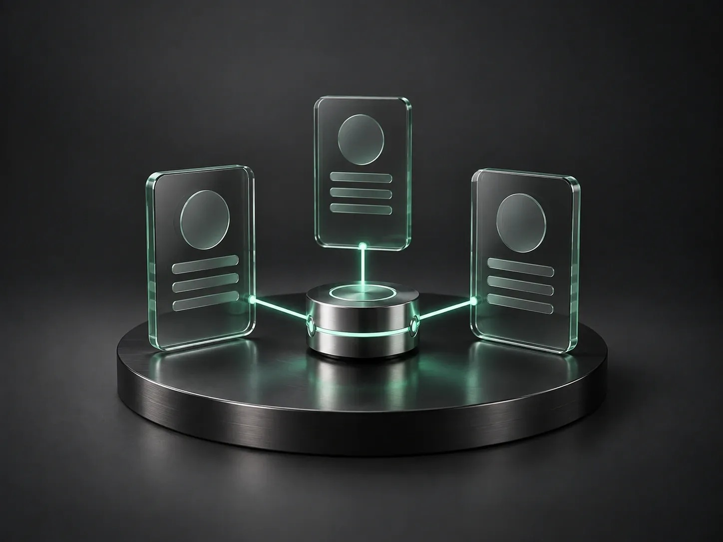 Illustration premium du CRM : modules de données reliés par des connexions lumineuses vert menthe.