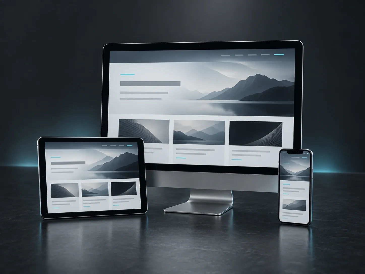 Illustration premium du web design : moniteur, tablette et smartphone dans un studio éclairé en cyan.