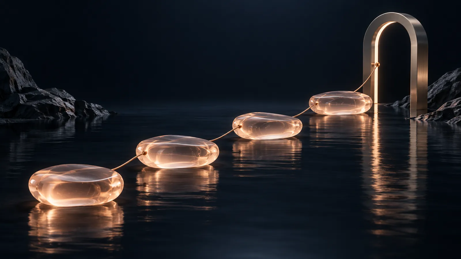 Quatre étapes de verre reliées par un fil cuivré vers une arche lumineuse.