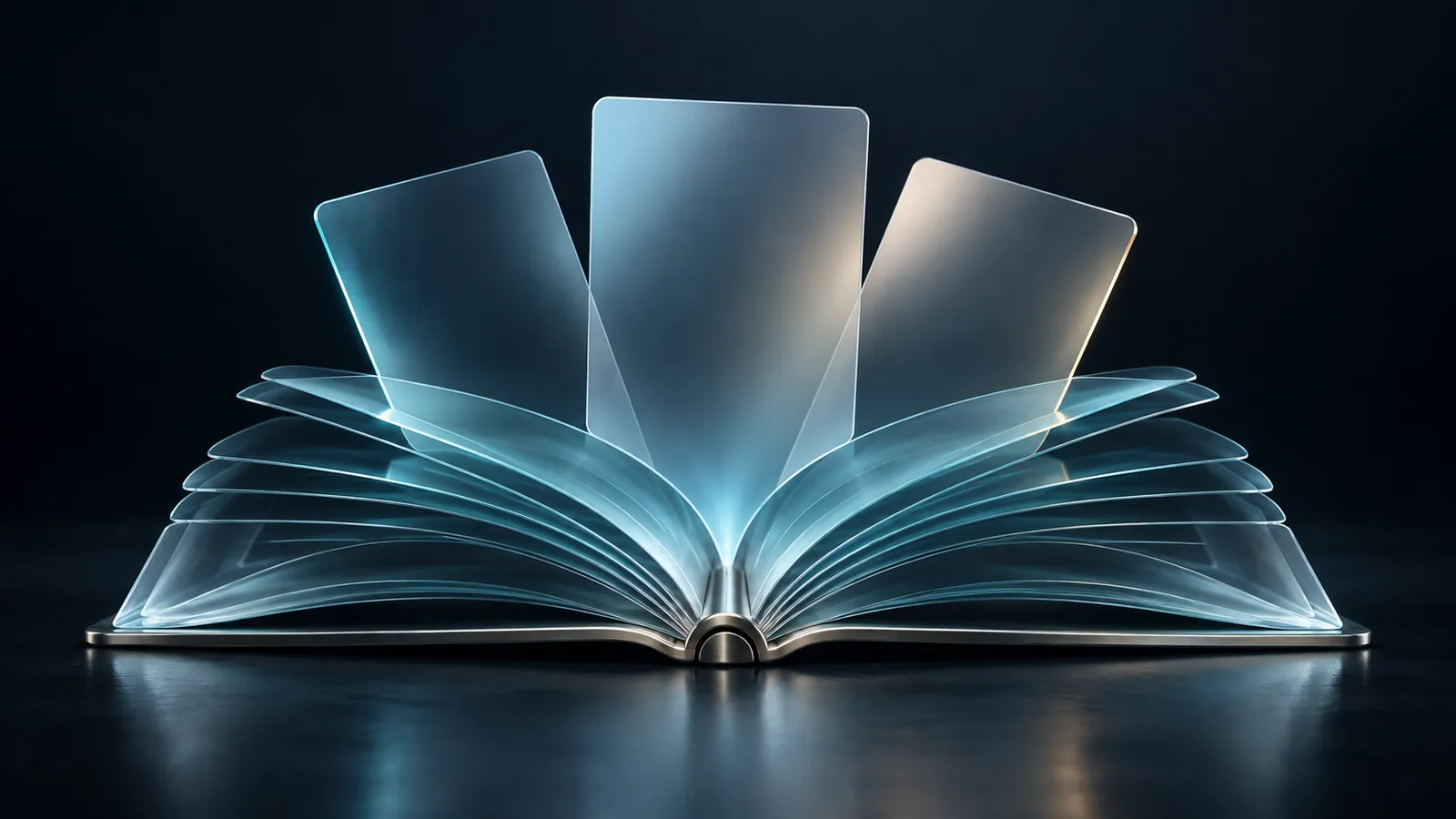 Livre de verre ouvert et feuilles translucides illustrant la création de contenus.