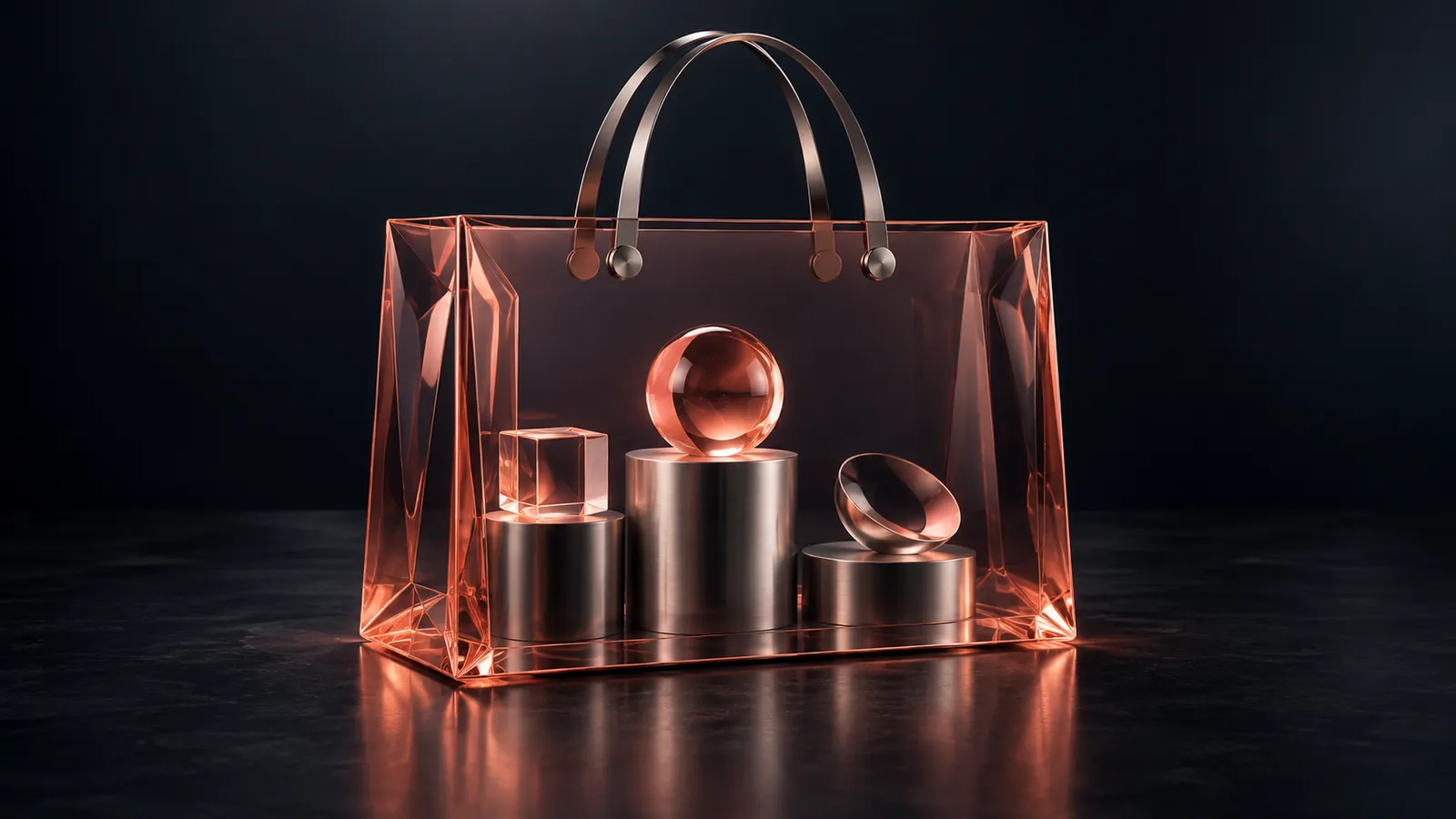Sac de verre corail contenant des produits présentés sur des socles.