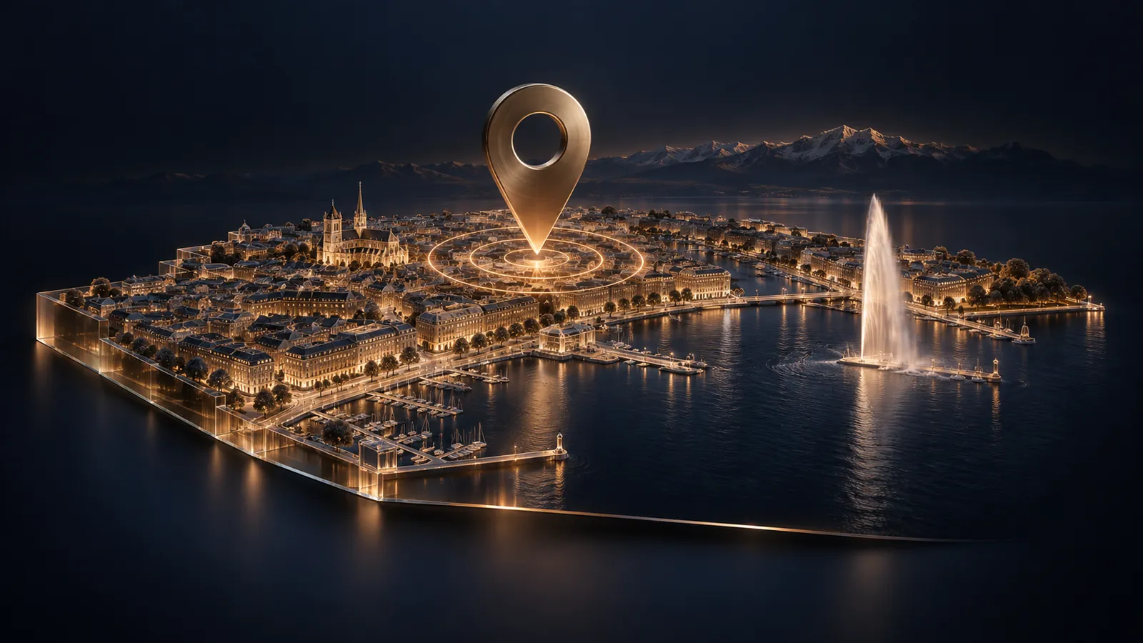 Carte de Genève en verre ambré avec un repère de localisation.
