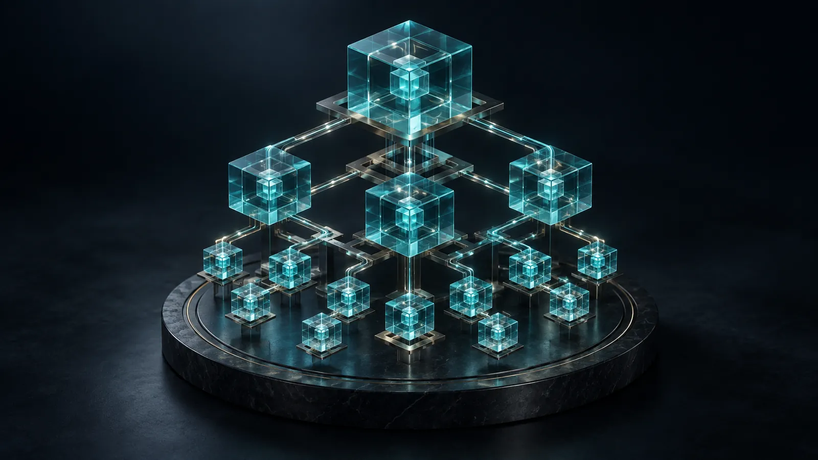 Architecture de cubes de verre turquoise reliés par des chemins lumineux.