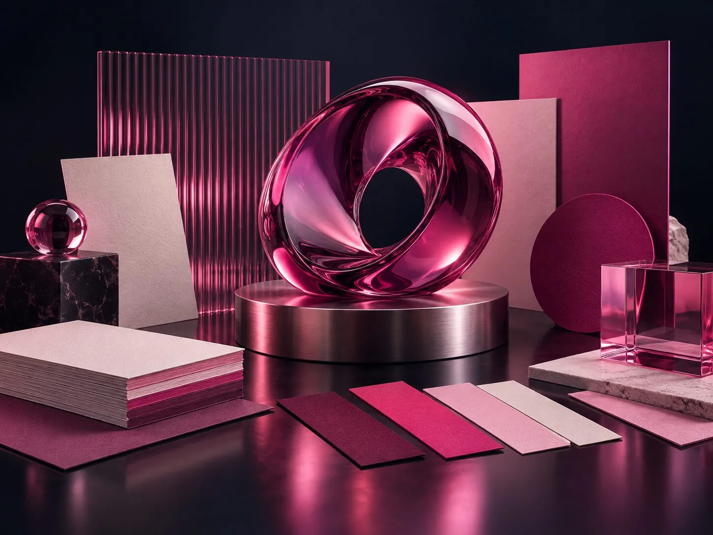 Sculpture de verre magenta entourée de papiers, de cartes vierges et de nuanciers roses.