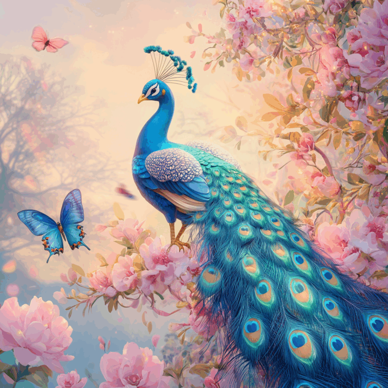 Illustration 3D paon bleu avec papillons et fleurs – création graphique nature agence Genève