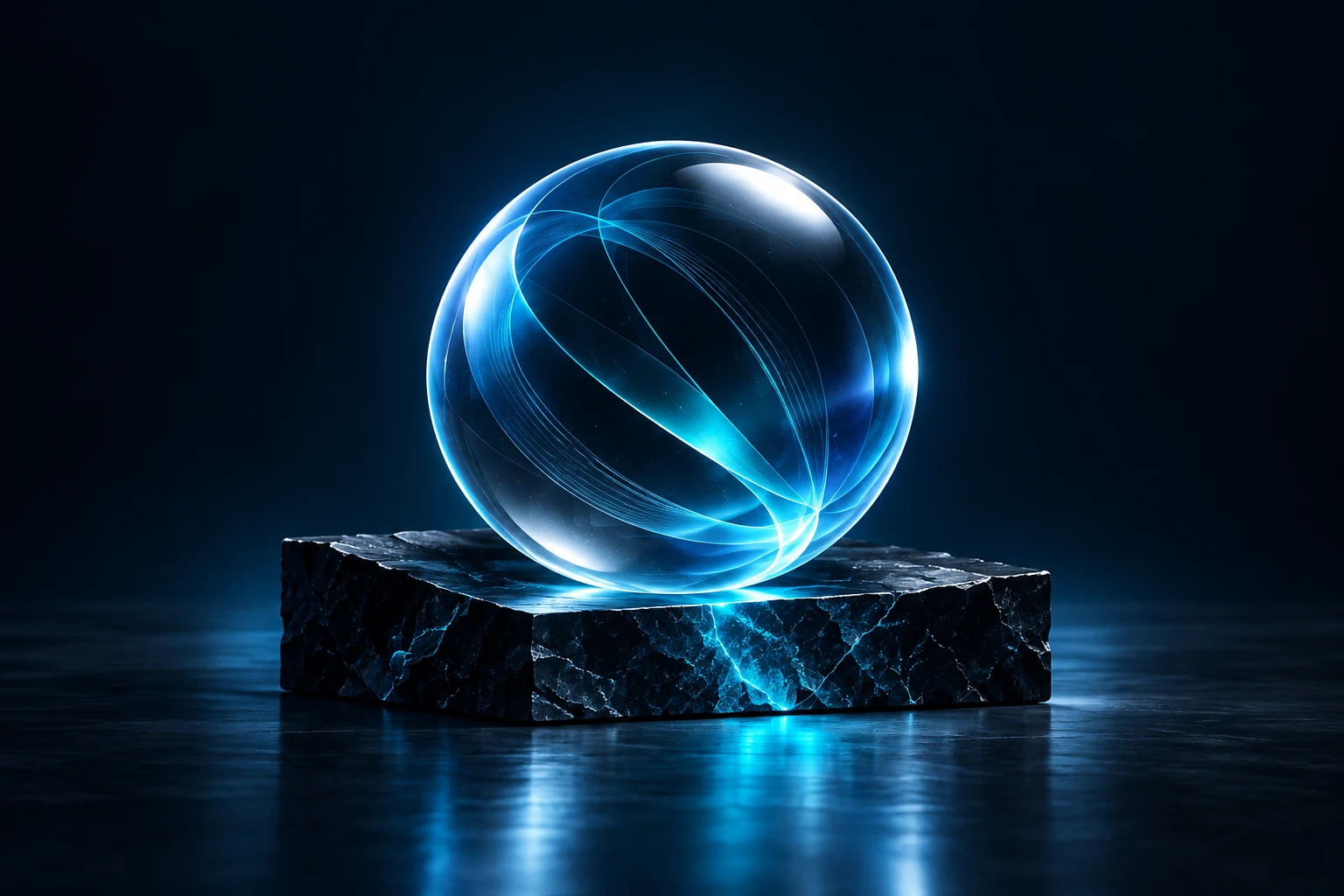 Sphère de verre cyan parcourue de lignes lumineuses.