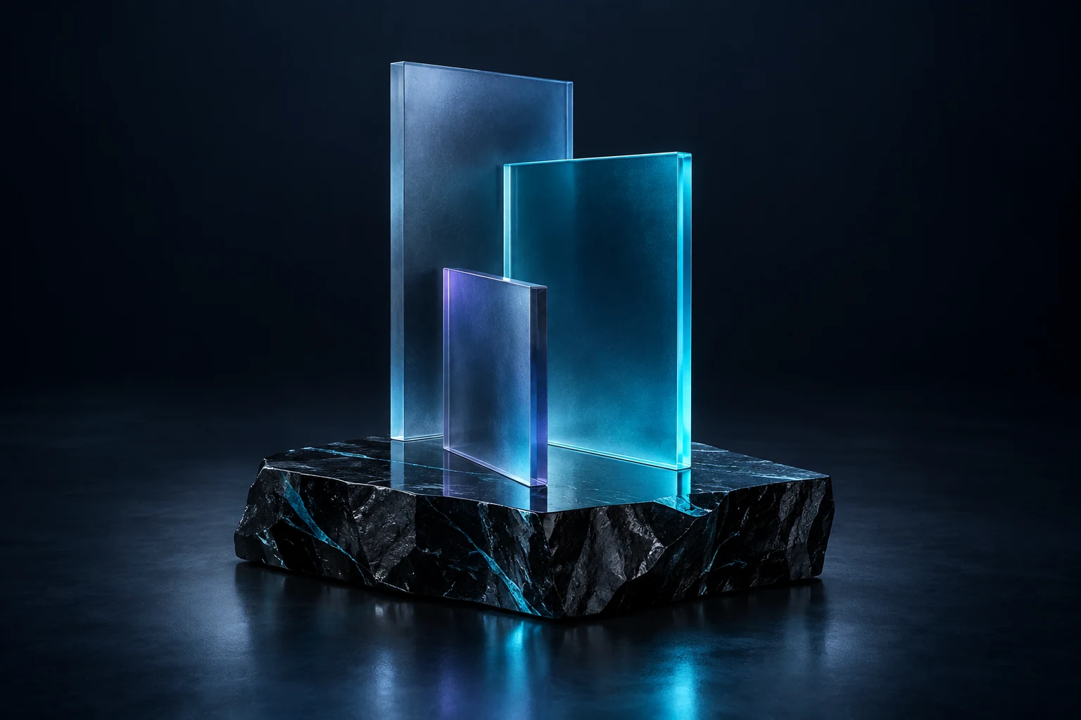 Composition de verre et de métal illustrant une identité visuelle.